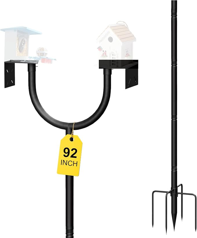 92 Inch Bird Feeder Pole 2 Platform Outdoor Support Stand | Multi-purpose pole fits bird houses, feeders and various outdoor supplies，Heavy duty sturdy metal structure