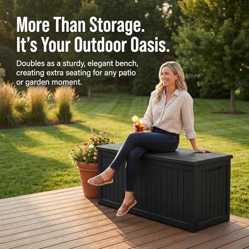 230 Gallon Deck Box, Waterproof Resin Rattan Outdoor Storage Box with Lockable Lid, Fade Resistant Patio Storage Box for Garden Tools, Pool Accessories, Outdoor Cushions, Black