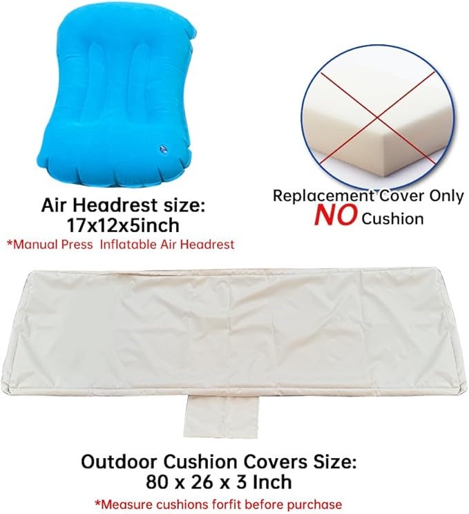 Replacement Covers for Outdoor Chaise Lounge Cushions, 80 x 26 x 3 Inch Patio Lounge Chair Cushion Covers–Waterproof, Fade-Resistant, with 2 Pockets & Inflatable Headrest (Cover Only) Khaki