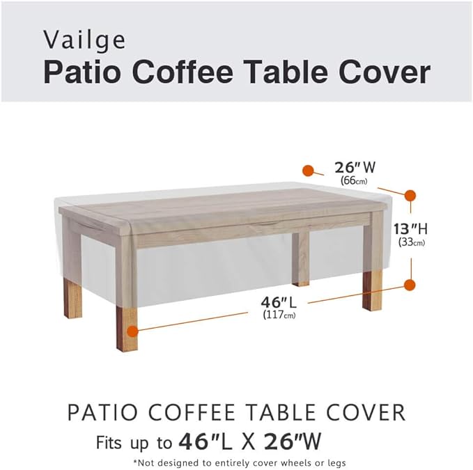 Vailge Rectangular Coffee Table Cover - Outdoor Lawn Patio Furniture Covers with Padded Handles and Durable Hem Cord - Heavy Duty and Waterproof,Fits Large Rectangular Coffee Table (Grey)