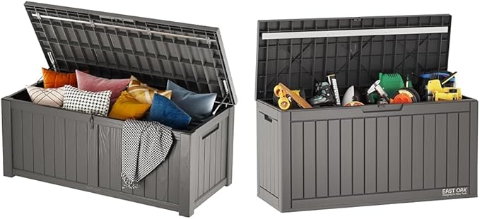 EAST OAK 120 Gallon Deck Box & 60 Gallon Deck Box, Outdoor Storage Box with Padlock for Patio Furniture, Patio Cushions, Gardening Tools, Pool Supplies, Waterproof and UV Resistant Resin, Grey