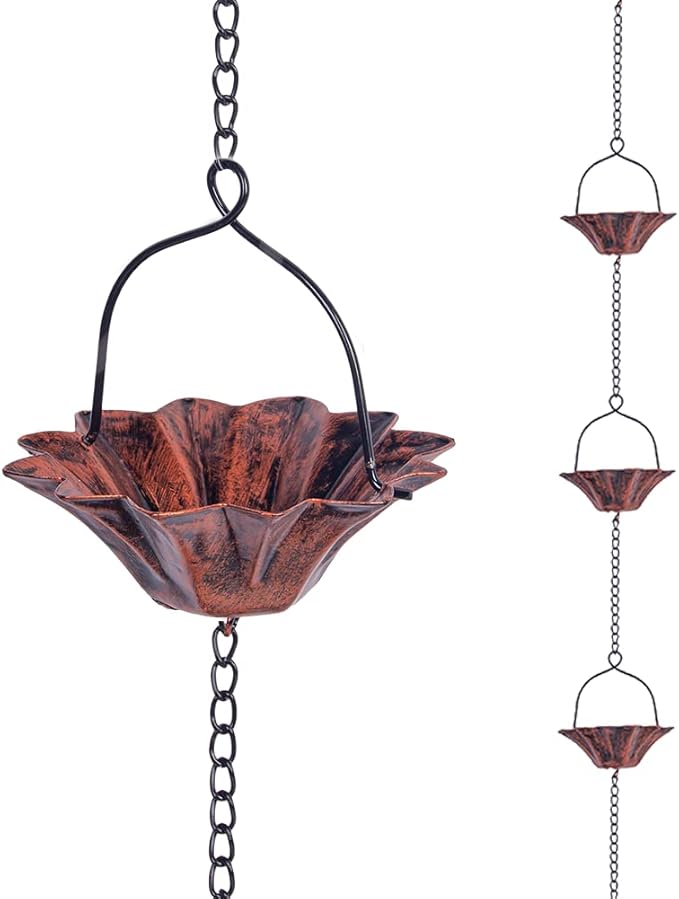10FT Lotus Rain Chain, Rain Chains for Gutters with 12 Cups, Adjustable Rain Catcher Chain with Bell for Eaves Drainage, Replacement for Downspout