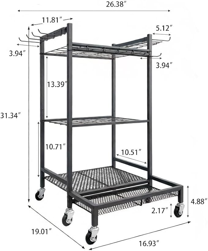 Garden Tool Organizer Rack with Wheels Up to 35 Tools, Heavy-Duty Steel Yard Tool Organizer for Garage Storage with 11 Hooks, Broom Holder & Garden Tool Rack for Shed, Patio, Lawn, Outdoor, Black