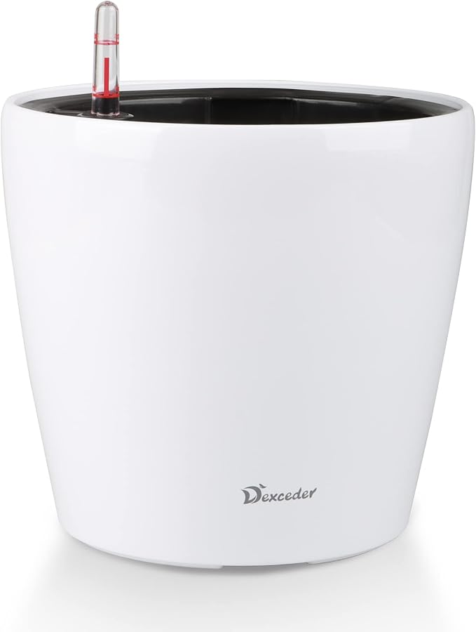 Dexceder 11x10 Self Watering Planter (White High Gloss) | Inner Pot Design, Thickened Table Flower Plant Pot with Water Level Indicator Indoor Outdoor