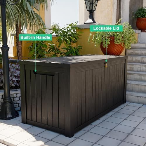 180 Gallon Deck Box, Waterproof Resin Rattan Outdoor Storage Box with Lockable Lid, Fade Resistant Patio Storage Box for Garden Tools, Pool Accessories, Outdoor Cushions, Black