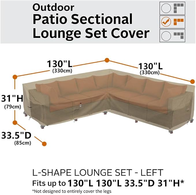 Heavy Duty Outdoor Sectional Sofa Cover, 130-inch L-Shaped Waterproof 600D Patio Furniture Covers, Lawn Patio Couch Protector(Desert Khaki, V-Shaped-130" x 130")