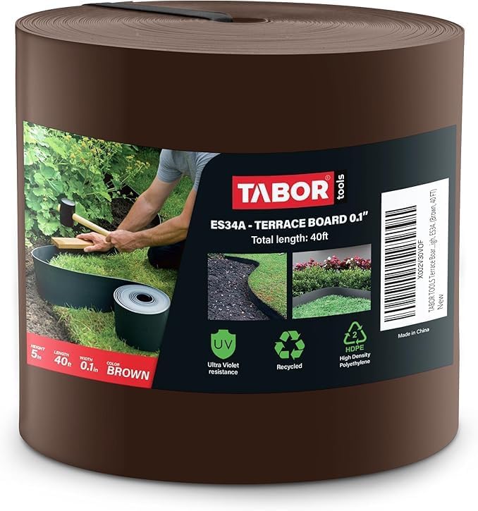 TABOR TOOLS 60 Ft Terrace Board, 5 Inch High, 0.1" Inch Thickness, Landscape Edging Coil, Grass Barrier, Bender Board, Garden Liner, ES35. (Brown)