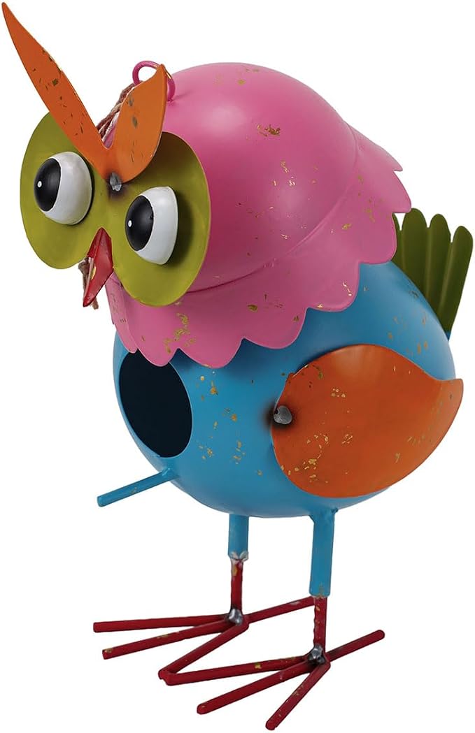 Metal Owl Garden Statues Yard Art Animal Figurines | Hanging Birdhouse Owl Figure Outdoor Decor Yard Decoration Lawn Ornaments Decorative Bird House for Outside