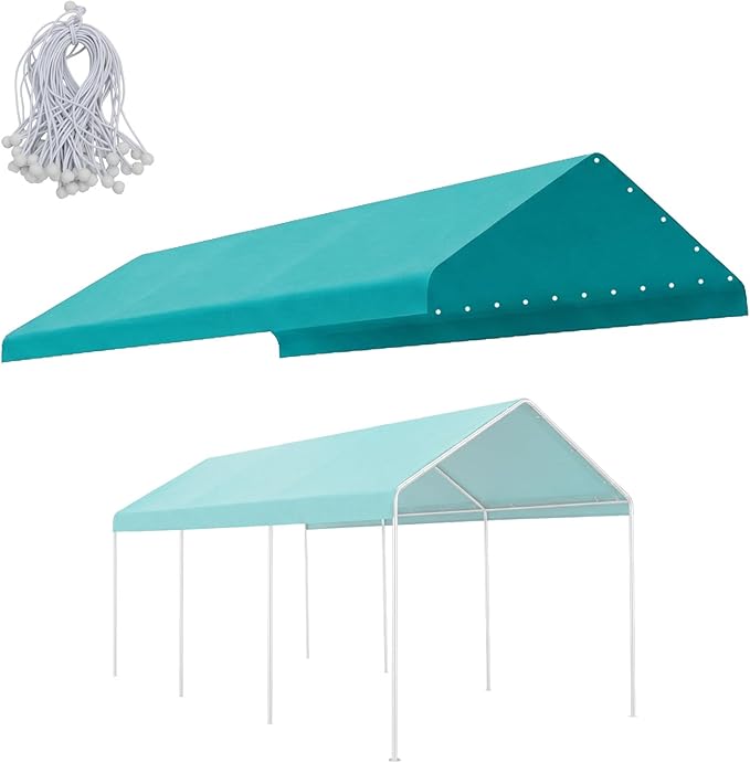 COWVIE 10 x 20 FT Carport Canopy Replacement Cover, with 46Pcs Long Ball Bungees, Waterproof Garage Top Tent Shelter Tarp, Only Top Cover