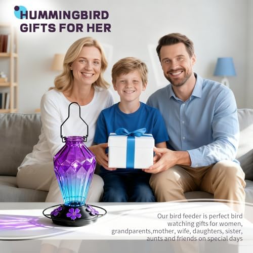 Glass Hummingbird Feeders for Outdoor Hanging, 25 OZ Purple and 24 OZ Red