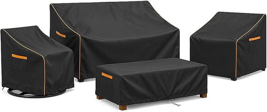 Outdoor Furniture Cover Waterproof, 4-Piece Patio Furniture Cover Set, 600D Heavy Duty Protection Patio 3-Seater Sofa Swivel Rocker Chairs and Coffee Table Garden Protective Furniture Set, Black