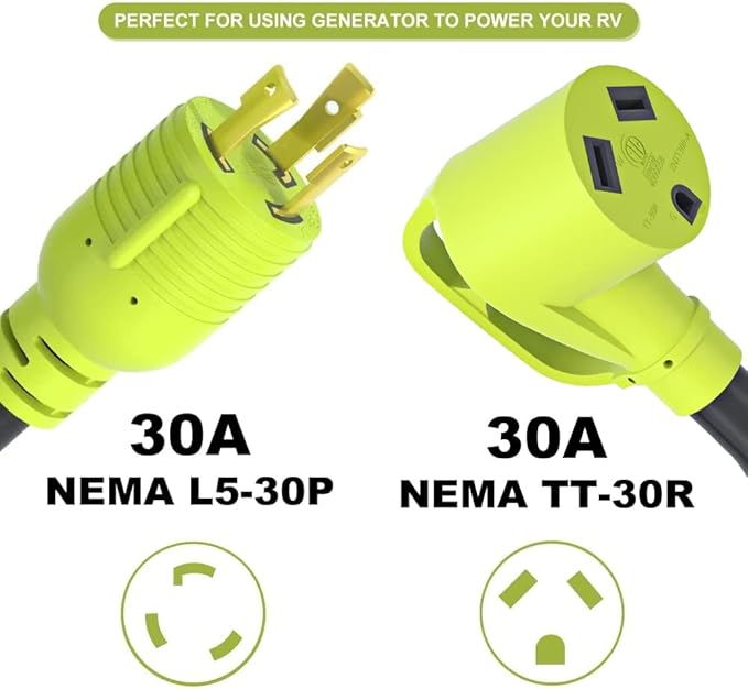 3 Prong 30 Amp RV Generator Adapter, NEMA L5-30P Twist Lock Male Plug to NEMA TT-30R Female,Outdoor Ower Equipment Suitable for RV Trailer Camper,Heavy Duty STW 10 AWG, ETL Listed (12 Inch)