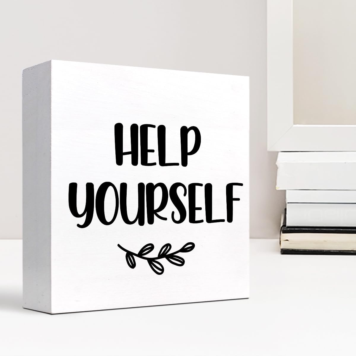 Help Yourself White Wood Block Sign Desk Decor,Rustic Wooden Box Plaque Sign for Home Bedroom Farmhouse Shelf Table Decor