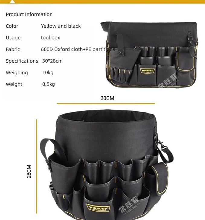 HEEPDD Bucket Tool Organizer, 56 Pockets Caddy Bag for Garden Construction, Carpenter, Electrician, Builder, Black