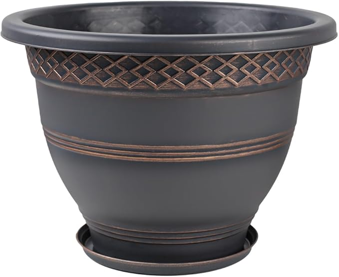 Usocik 4 Pack 16 Inch Large Plant Pots, Plastic Flower Pot for Indoor & Outdoor with Drainage Holes & Saucer, Plaid Pattern Planters Garden Pots for Herbs