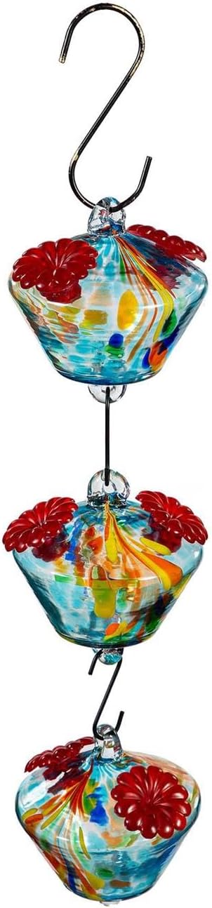Evergreen Garden Set of 3 Art Glass Hanging Chained Hummingbird Bird Feeder - Fade and Weather Resistant Indoor/Outdoor Decoration for Homes, Yards and Gardens (Blue & Yellow)