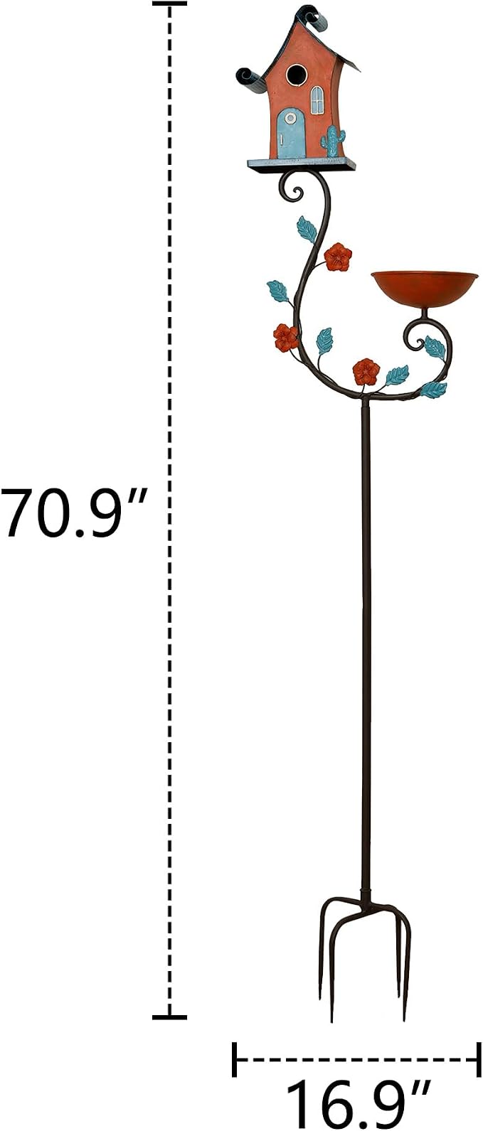 71" Tall Iron Fairy Tale Birdhouse with Bathing Platform, 1.2" Squirrel Guard Entry & Ground Spikes, Whimsical Garden Centerpiece Decoration