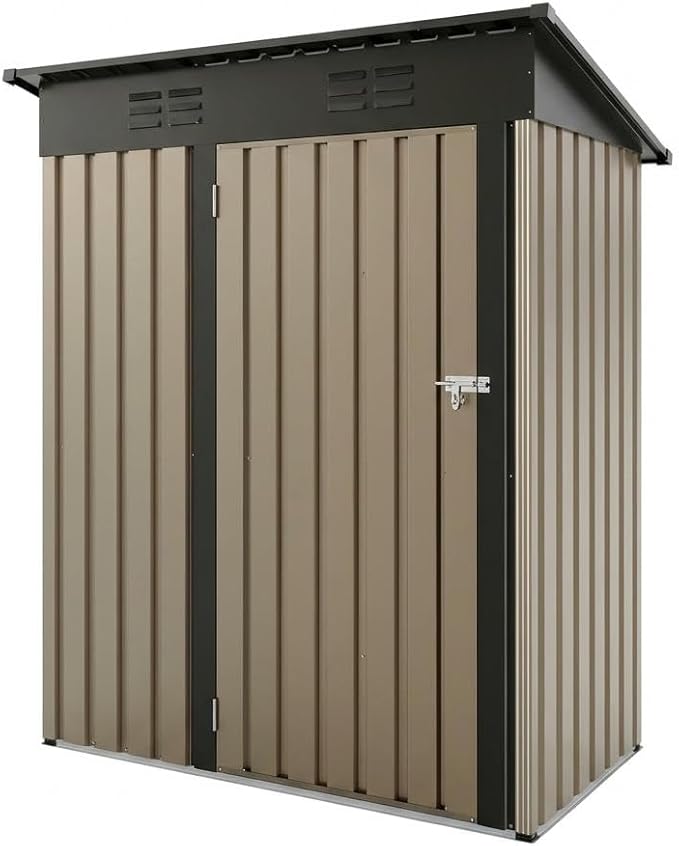 5x3Ft Outdoor Storage Shed, Metal Tool Shed with Lockable Door & Sloped Roof, Weatherproof, Compact Garden Storage Shed for Backyard, Patio, Lawn, or Tools & Equipment, Brown
