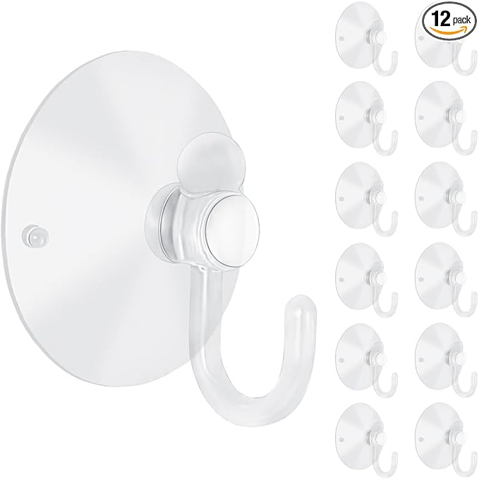 12 Pieces Large Suction Cups with Hooks 2 inch Clear Plastic Sucker Hooks for Glass Window Wall Festivals Parties Theme Carnival Decoration Door Bathroom Kitchen
