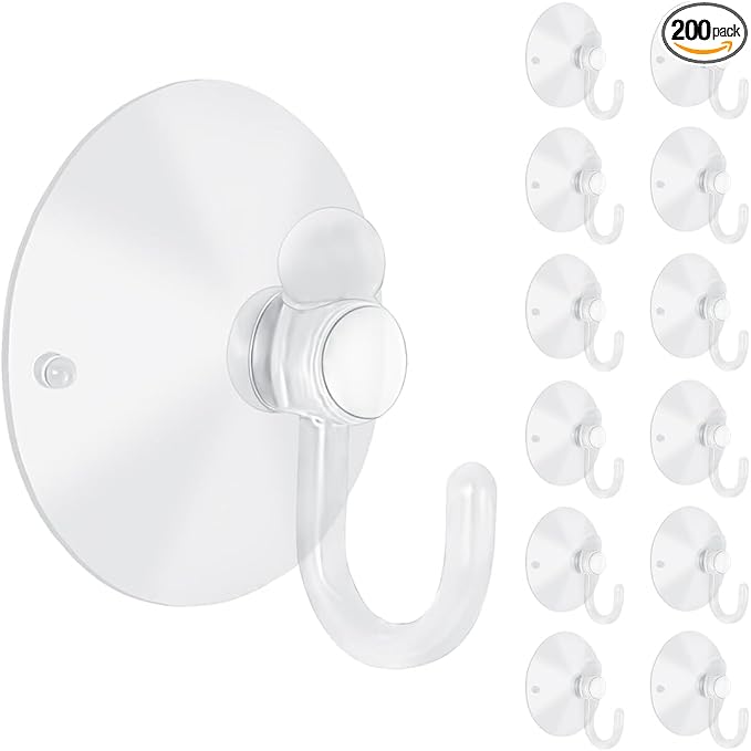 200 Pieces Large Suction Cups with Hooks 2 inch Clear Plastic Sucker Hooks for Glass Window Wall Festivals Parties Theme Carnival Decoration Door Bathroom Kitchen