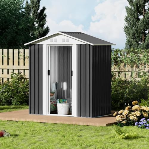 KEIKI 5x3FT Outdoor Storage Shed, Heavy-Duty Metal Storage Shed with Floor & Lockable Sliding Doors, Waterproof Tool Sheds for Garden, Backyard, Patio, Lawn