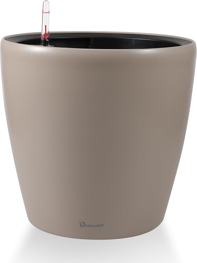 Dexceder 13x12 Self Watering Planter with Wheels (Taupe Matte) | Inner Pot Design, Thickened Large Floor Standing Flower Plant Pot with Water Level Indicator Indoor Outdoor