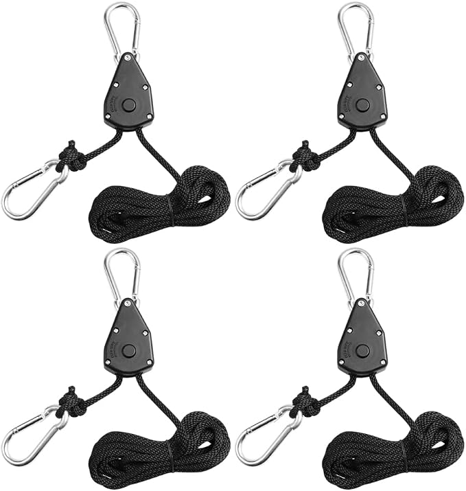 4-Pack Heavy Duty Adjustable Grow Light Ratchet Rope Hanger Yoyo – 68.9In Length, Braided Nylon & Stainless Steel, 150 lbs Load Capacity for Indoor/Outdoor Plant Lighting, Garden Tool Suspension