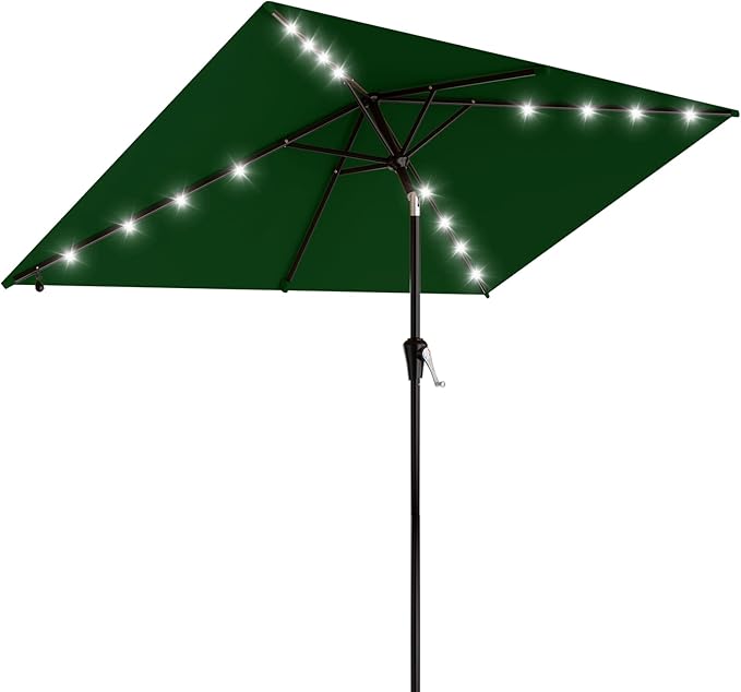AreShark 6.5' x 10' Rectangular Patio Umbrella with Solar Lights, Solar Powered Lighted Market Umbrella w/Tilt and Crank, Outdoor Table Umbrella for Garden, Deck, Backyard, Pool, Dark Green