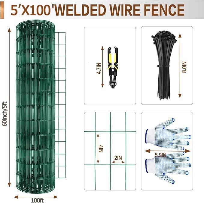 Tongmo 5 ft x 100 ft Green PVC Coated Chicken Welded Wire Fence, 16GA Garden Chicken Wire Fence Roll, Mesh Size 2" x 4" Hardware Cloth, Ideal for Yard Protection and Poultry Netting