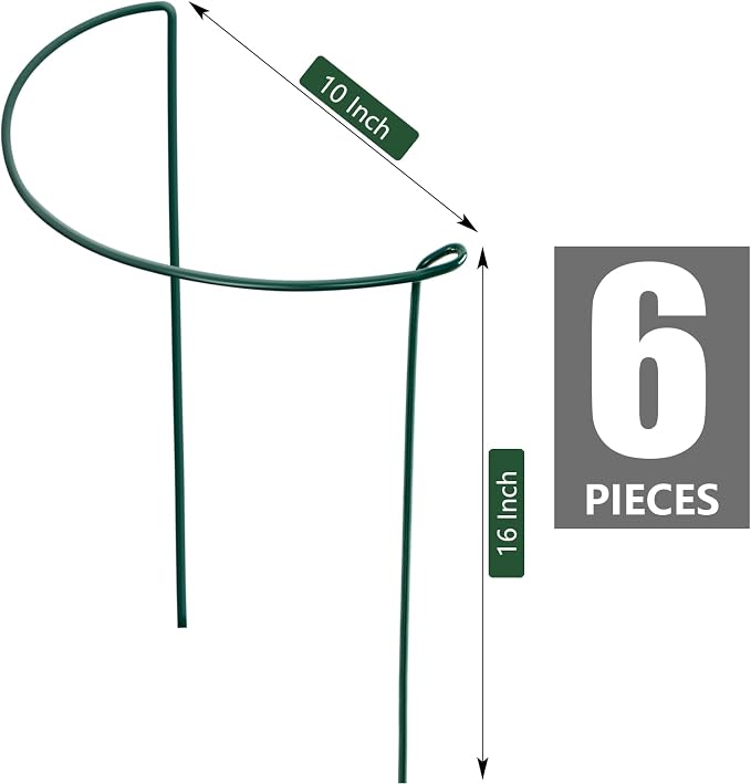 FEED GARDEN Peony Cages and Supports, 6 Pack Plant Support Stakes for Outdoor & Indoor Plants, 10" W x 16" H Half Round Garden Plant Support Rings for Peonies, Hydrangeas, Roses, Dahlias