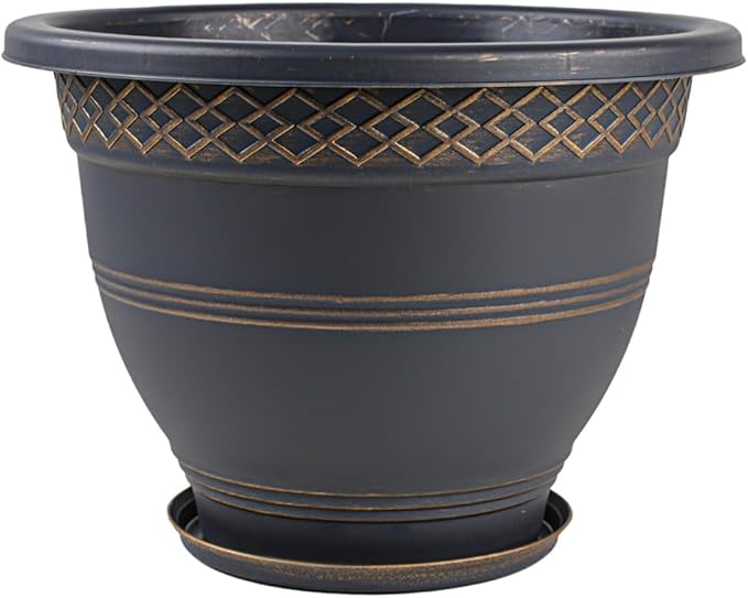 Usocik 10 Inch 4 Pack Plant Pots, Plastic Flower Pot for Indoor & Outdoor with Drainage Holes & Saucer, Plaid Pattern Planters Garden Pots for Herbs