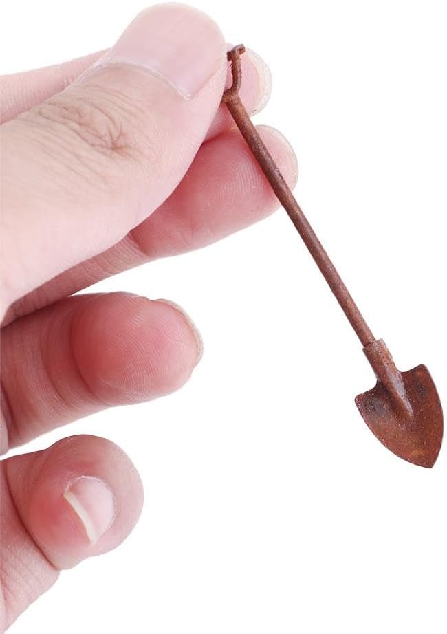 4 Pcs/Set Miniature Dollhouse Garden Tools 1:12 Mini Rusty Shovel Hoe and Pitchfork Fairy Garden Accessories Furniture Ornaments Micro Landscape Decor (1.96~2.16Inch Long x 0.39Inch Wide)