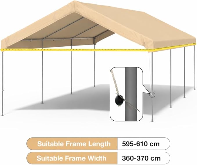 12x20 FT Carport Replacement Canopy Top Upgraded Car Port Canopy Cover for Carport Party Tent Waterproof & UV Protected, Easy Installation with Ball Bungees,Beige(Frame Not Included)