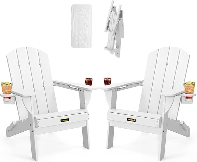 Folding Adirondack Chair Set of 2, Wooden Textured Plastic Adirondack Chairs with 2 Cup Holder, Weather Resistant HDPE Fire Pit Chair, Outdoor Patio Chairs for Garden, Backyard, Lawn, Deck, White
