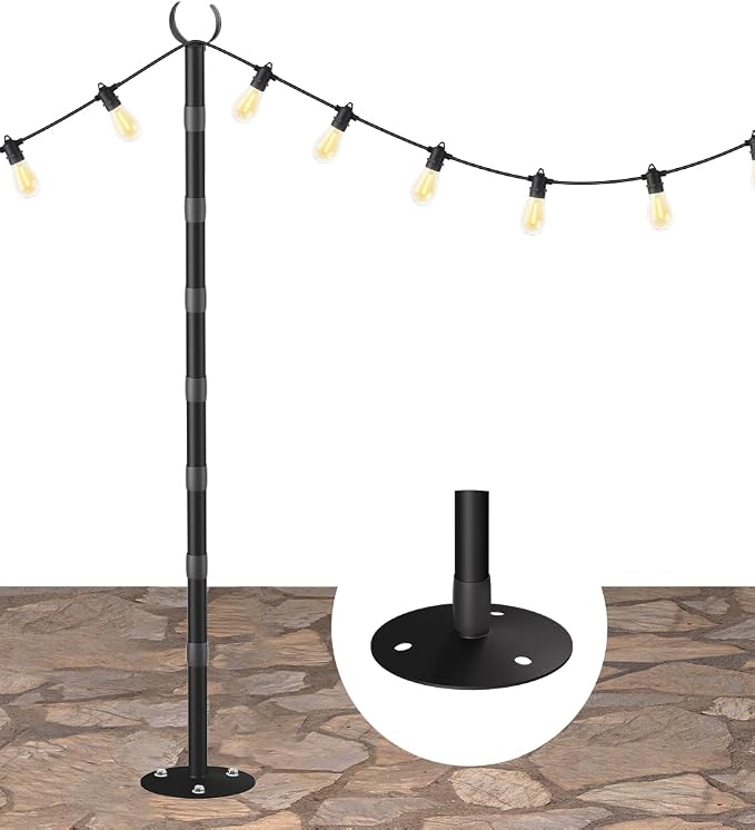 10Ft String Light Poles for Hard Surfaces, Outdoor Light Stand for Backyard, Garden & Patio Party Lighting, Heavy-Duty Metal Poles with Waterproof Finish, Rustproof & Adjustable