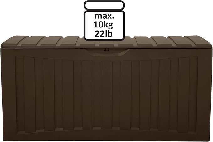 Ram Quality Products Plastic 90 Gallon Outdoor Lockable Backyard Storage Bin Deck Box for Cushions, Pool Accessories, and Towels, Brown