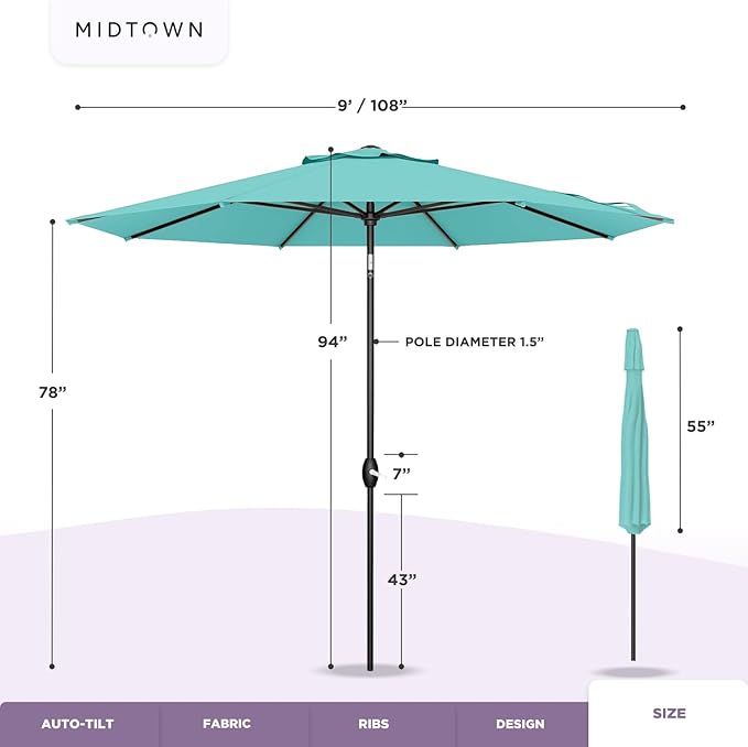 Midtown Umbrellas - 10-Year-No-Fade 9 Ft Patio Umbrella with Terylast Fabric, Auto-Tilt Aluminum Frame and 8 Reinforced Ribs for Deck, Pool, Garden & Beach - Purple Texture Canopy, Black Pole