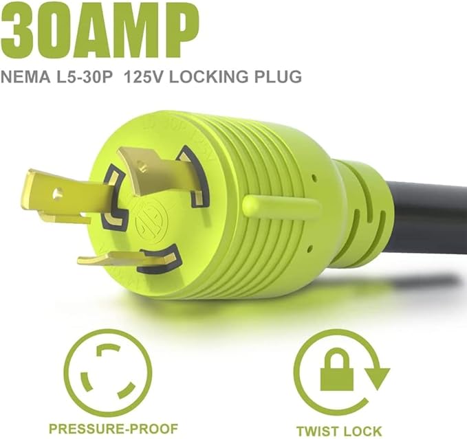 3 Prong 30 Amp RV Generator Adapter, NEMA L5-30P Twist Lock Male Plug to NEMA TT-30R Female,Outdoor Ower Equipment Suitable for RV Trailer Camper,Heavy Duty STW 10 AWG, ETL Listed (12 Inch)
