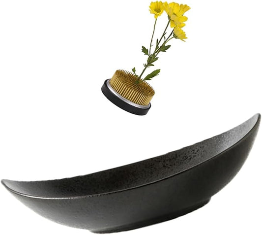 Japanese Ikebana Vase Kit,2inch Flower Frog Kanzan with 9inch Bowl Vase - Floral Frog Included,Various Styles (Frosted, Hammering Pattern)