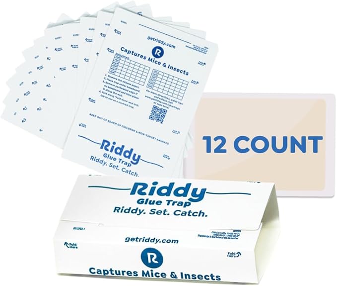 Riddy Glue Boards, 12 Boards, Pre-Baited, Ready to Use Mouse Traps Indoor for Home, Sticky Adhesive for Bugs and Rodents, 5.5" x 7.5"