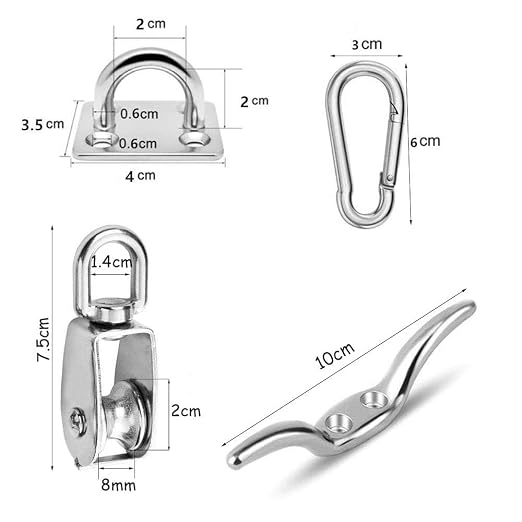 TooTaci Pulley System Set, M20 Crane Pulleys for Lifting with Rope, 304 Stainless Steel Block and Tackle Pulley System, with Nylon Line Rope & Snap Hook, Oblong Eye Pad Plate, Cleat Hooks
