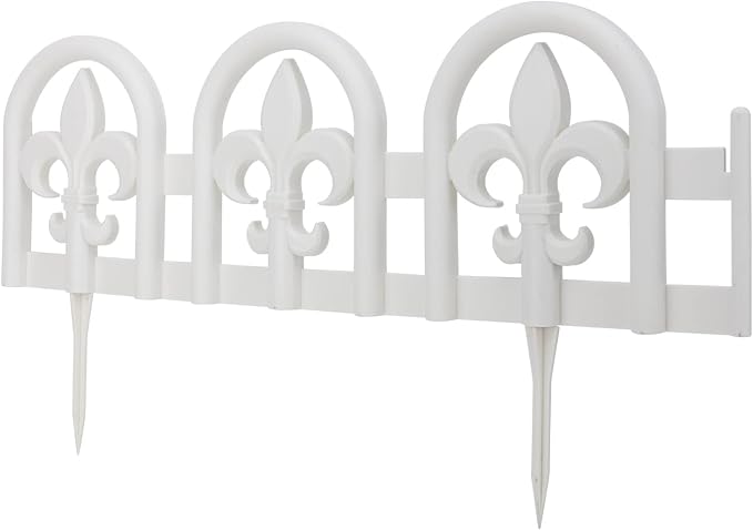 Evelyne White Garden Border Plastic Edging – PP Plastic, Short Metal-Free Wrought Iron Look Design, 15pcs Yard Landscaping Fence Liner Lawn Edge Barrier, 20ft Kit of Decorative Lawn Landscape Panels