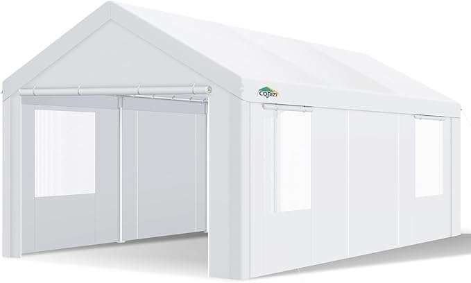 COBIZI Carport Canopy 12x20 Heavy Duty Portable Garage with Removable Sidewalls & Doors, Car Port Canopy Tent with Built-in Sandbags & All-Season Tarp for Car Boat Truck, White