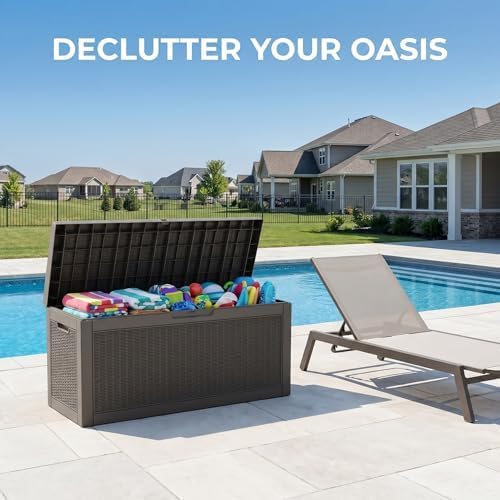 60 Gallon Deck Box, Waterproof Resin Outdoor Storage Box with Lockable Lid, Patio Storage Box with Fade Resistant for Patio Furniture Cushions, Pool Accessories, Garden Tools, Light Coffee