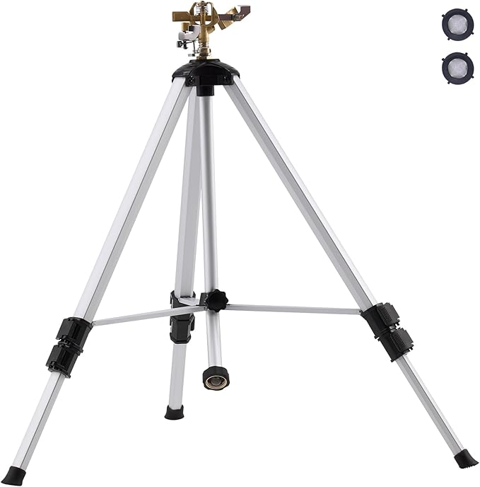 VEVOR Impact Sprinkler on Tripod Base, Heavy Duty Tripod Sprinklers with Brass Head & 3/4" Connector, 360 Degree Large Area Coverage Irrigation Sprinkler, Adjustable Heights, for Yard Gray
