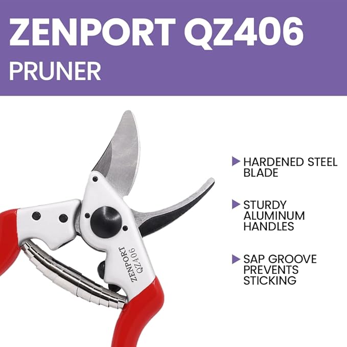 Zenport QZ406 Small Professional Pruner, 7.25 Inch Garden Pruning Shears, 0.8 Inch Cut Capacity, Forged Carbon Steel Blade, Ergonomic Handle