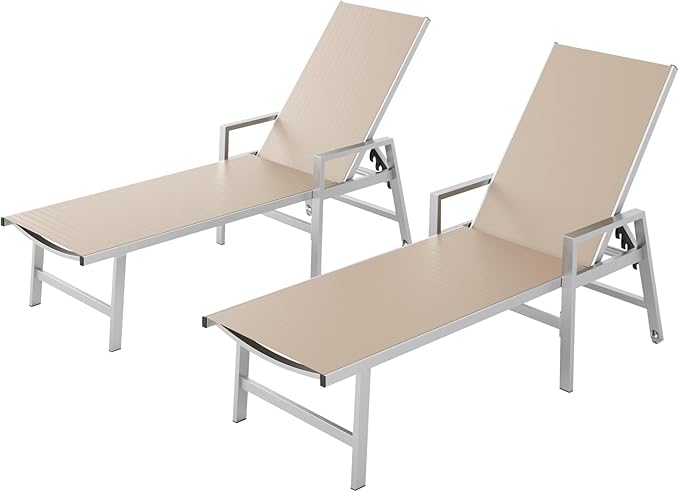 Patio Chaise Lounge Chair Outdoor Set of 2 with Wheels&Armrests, Aluminum Pool Lounge Chairs Five-Position Adjustable Recliner, Outdoor Beach Lounge Chairs for Poolside, Patio, Deck, Yard, Khaki