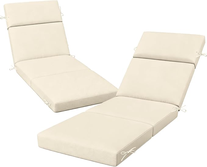 Outdoor Chaise Lounge Cushion 72" x 21" x 3", 4-Section Folding Patio Lounge Chair Cushion with Ties, Waterproof & Fade Resistant Replacement Cushion for Pool, Patio, Deck (Beige, 2 Pcs)