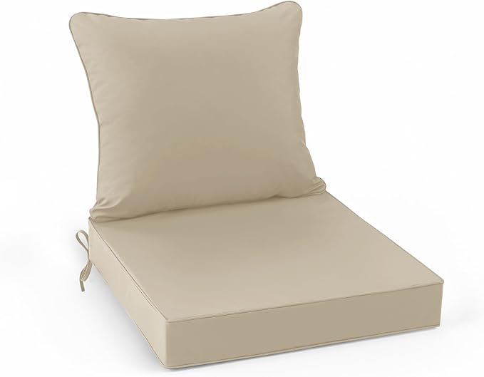 Summsun Outdoor Chair Cushions, Waterproof Backrest and Deep Seat Cushion Set for Patio Furniture, Outdoor Sofa Replacement Cushions with Removable Cover, 24 x 24 Inch, Cream, 1 Set