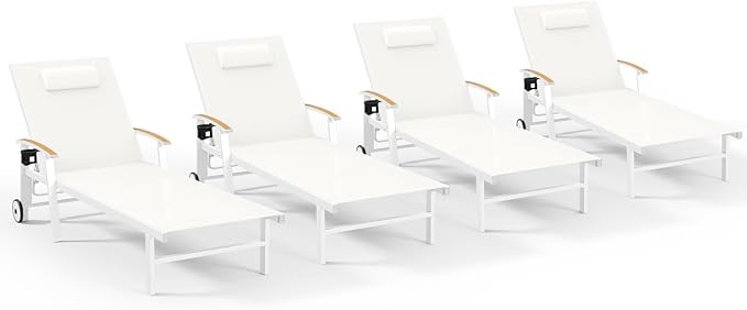 Ciokea Outdoor Lounge Chair with Pillow Set of 4, 5-Position Chaise Lounge with Wheels & Armrests, 400 lbs Heavy Duty Aluminum Pool Lounge Chairs, for Beach, Deck, Poolside & Backyard, White